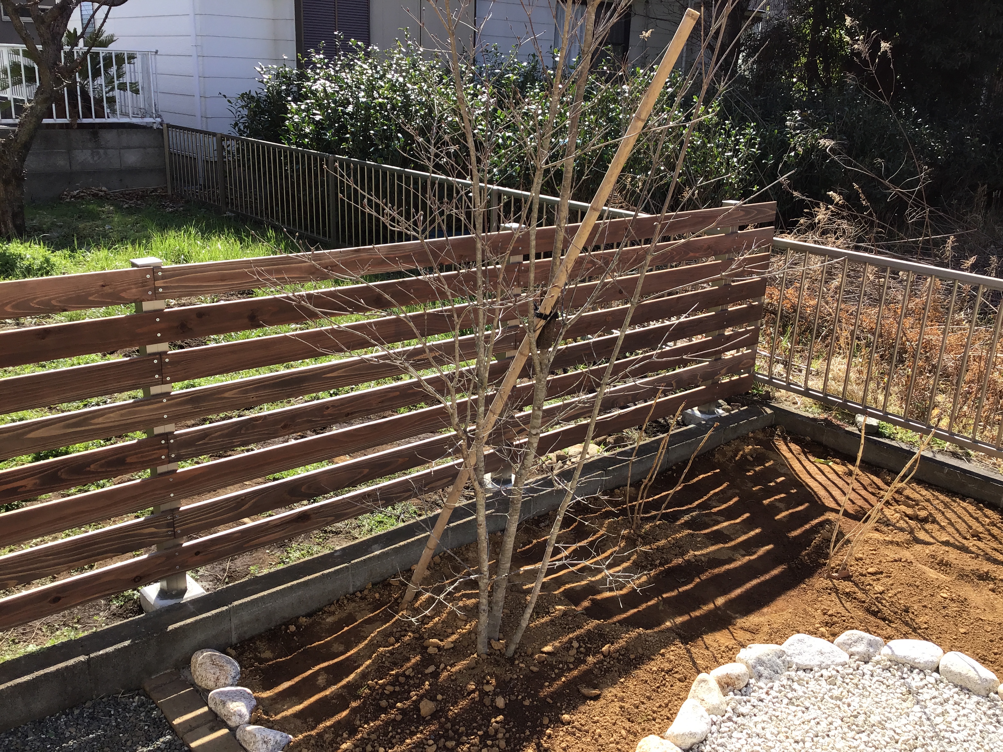 畑と庭の境界に板塀も温かみのある設置しました。